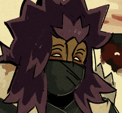 an image representing the Trader. She is a woman with purple hair, tan skin, and amber eyes. She wears a bandana that covers the bottom half of her face and a thick fur coat.
